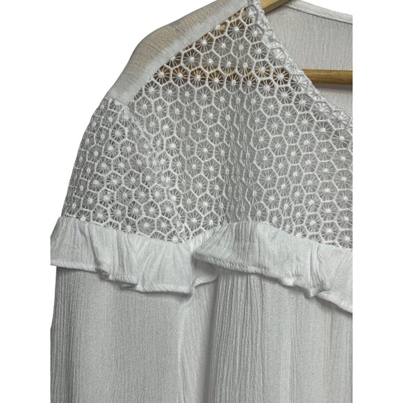 C Est 1946 White Crochet Yoke Ruffle Long Sleeve Blouse XL Minimalist Lt Weight - Picture 6 of 16